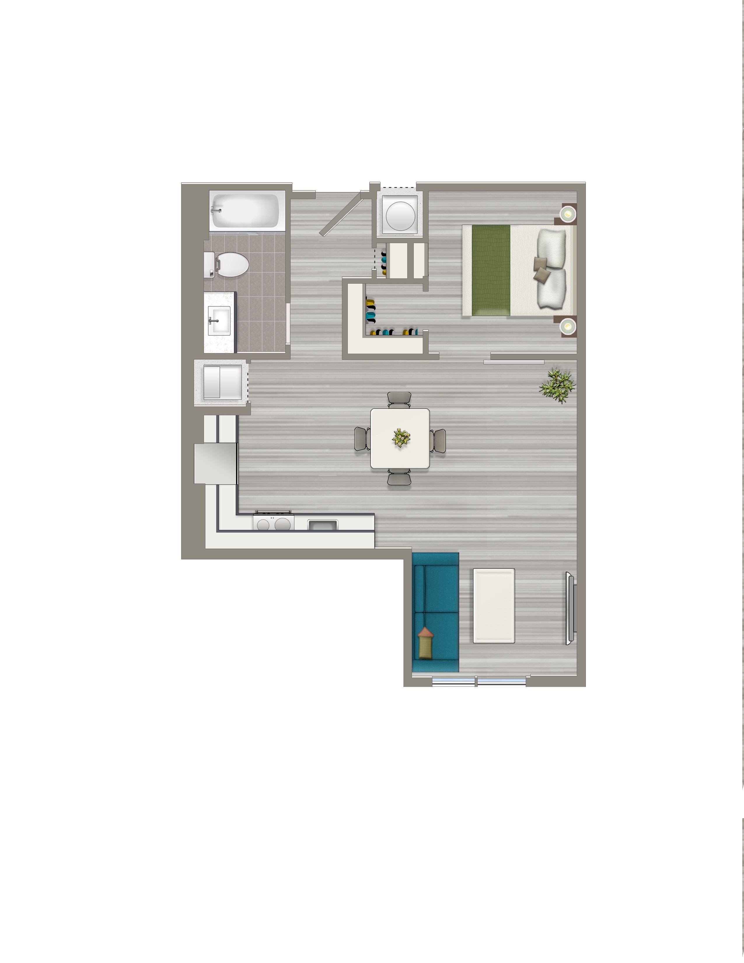 Floor plan for 1 bed, 1 bath, 675 sqft